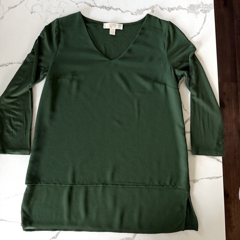 Michael Michael Kors Top Shirt Dark Green Layered 3/4 Sleeve Size XS